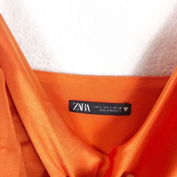 Zara Orange Satin Draped Effect Mini Dress Size Large Ruched Cocktail Halloween - Picture 5 of 14